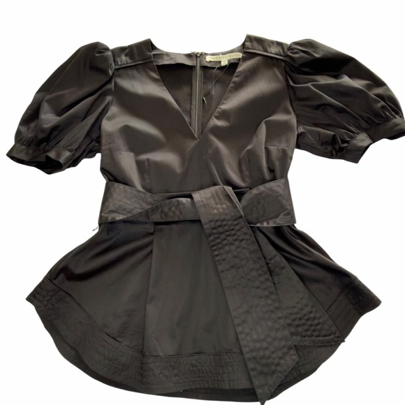 Veronica Beard Size 6 Cotton Spandex Black Belted Blouse V- Neck Puff Sleeve NEW - Picture 16 of 16